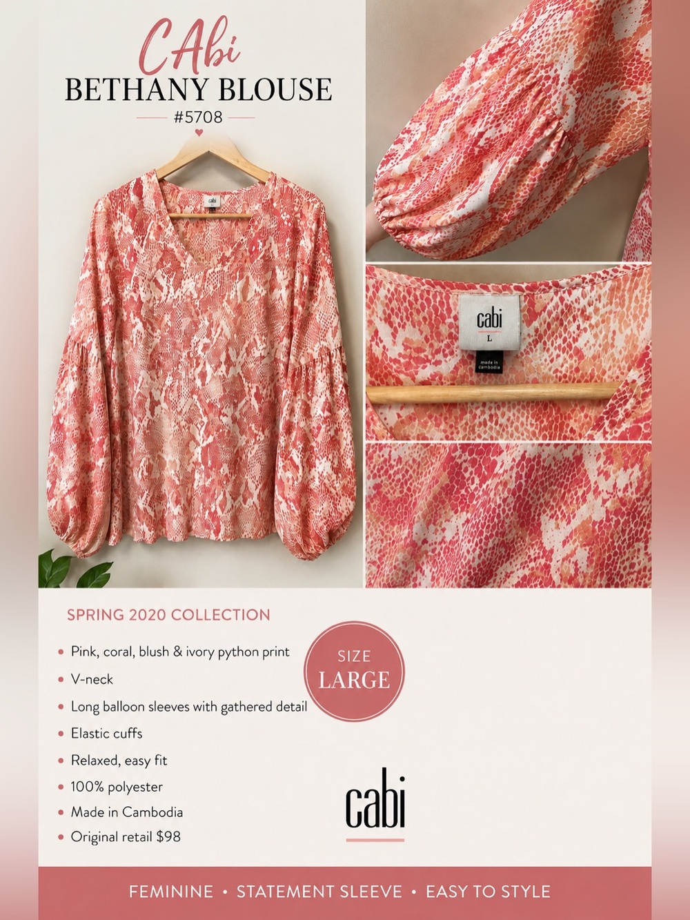 CAbi Pink & White Snake-Print V-Neck Balloon Sleeve Top